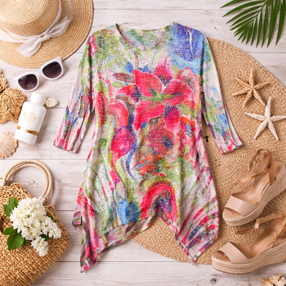 Colorful Floral Burnout Tunic Top w/ Rhinestone Detail – Asym Hem - Picture 1 of 11